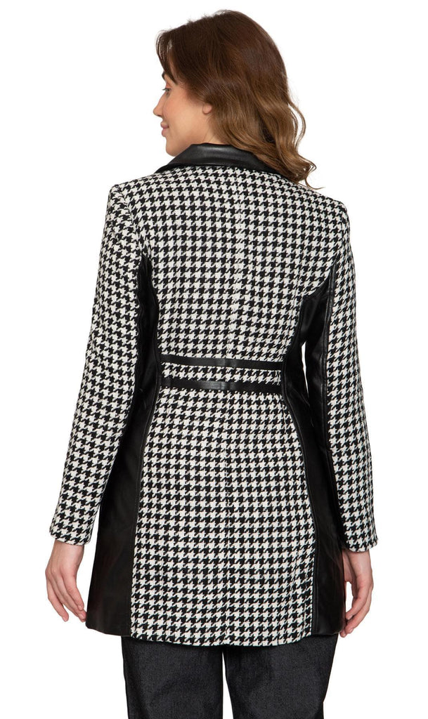 Women's Houndstooth Zip Front Mixed Media Vegan Leather Jackets