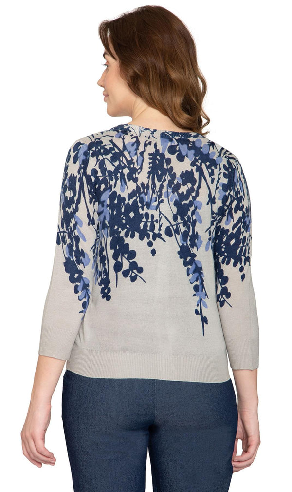 Women's 3/4 Sleeve Knit Printed And Embellished Cardigan Sweater - -Blue Multi - Back -  TURTLE BAY APPAREL