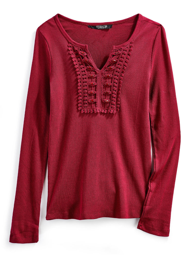 Women's Open V Neck Knit Top With Crochet And Jewel Trim Shirt