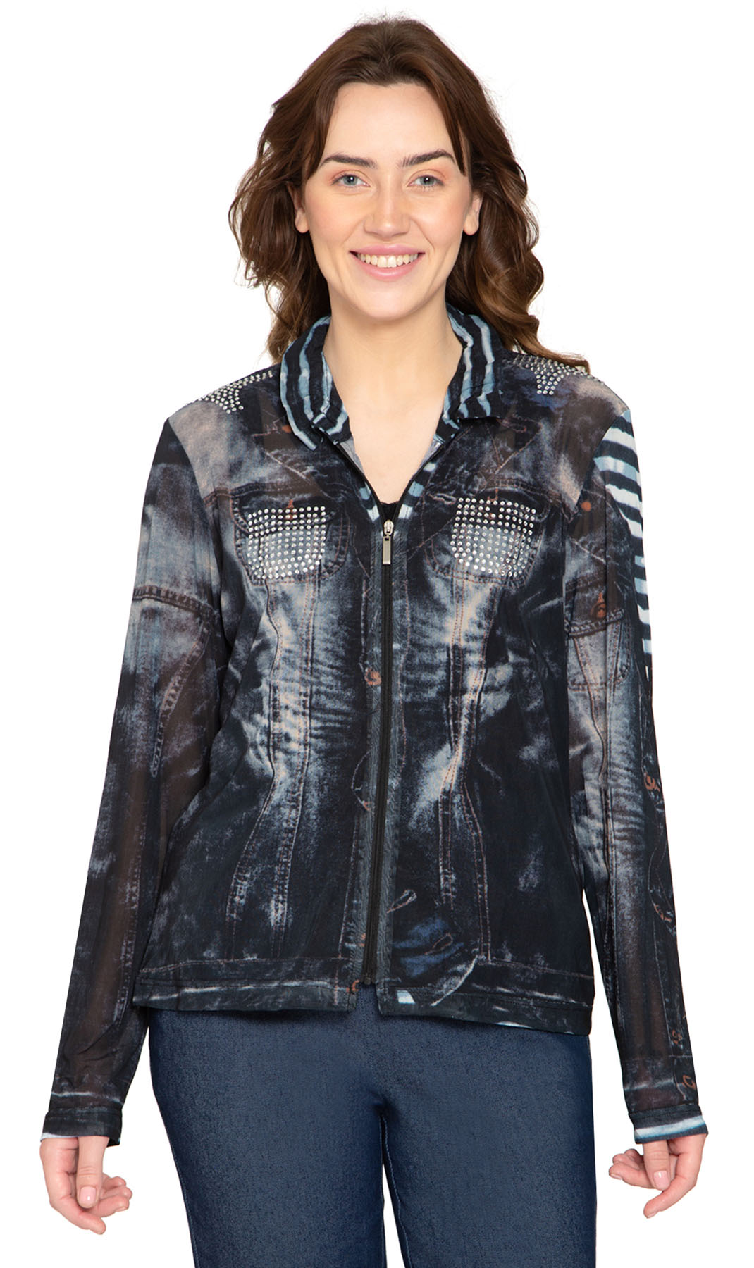 Women's Mesh Denim Look Printed Zip Front Jacket With Rhinestones – TURTLE  BAY APPAREL